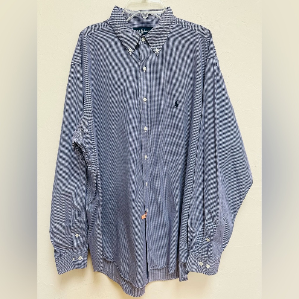 Ralph Lauren Button Down Long Sleeve Shirt Dress 17“ neck 36/37 Blue White Men’s